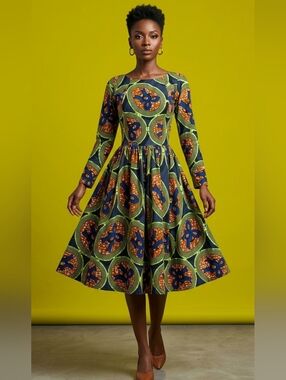 Handmade African Print Skater Dress - Vibrant Ankara Midi - Size Small